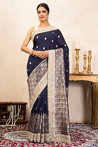 Navy Blue Pure Katan Silk Hand Embroidered Saree Set by Zal From Benaras