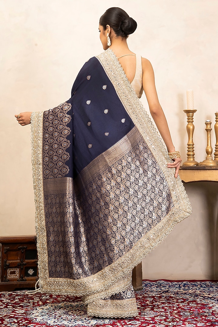 Navy Blue Pure Katan Silk Hand Embroidered Party Wear Saree Set by Zal From Benaras at Pernia's Pop Up Shop