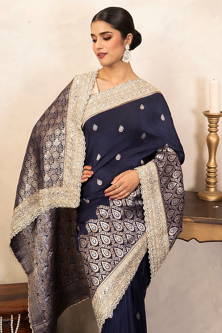 Navy Blue Pure Katan Silk Hand Embroidered Party Wear Saree Set by Zal From Benaras at Pernia's Pop Up Shop