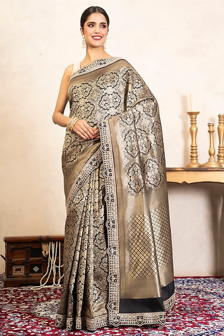 Black Pure Katan Brocade Party Wear Saree Set by Zal From Benaras at Pernia's Pop Up Shop