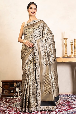 Black Pure Katan Brocade Saree Set by Zal From Benaras