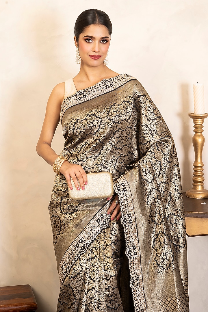 Black Pure Katan Brocade Party Wear Saree Set by Zal From Benaras at Pernia's Pop Up Shop