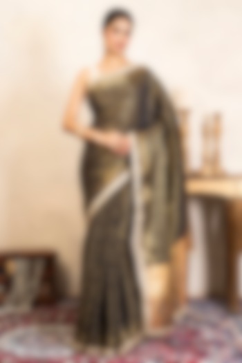 Black Pure Silk Banarasi Hand Embroidered Party Wear Saree Set by Zal From Benaras at Pernia's Pop Up Shop