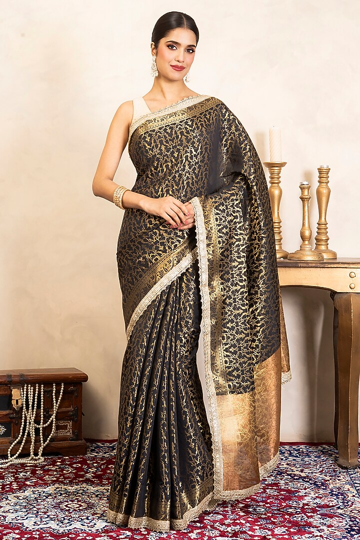 Black Pure Silk Banarasi Hand Embroidered Party Wear Saree Set by Zal From Benaras at Pernia's Pop Up Shop