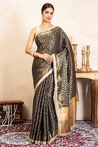 Black Pure Silk Banarasi Hand Embroidered Saree Set by Zal From Benaras
