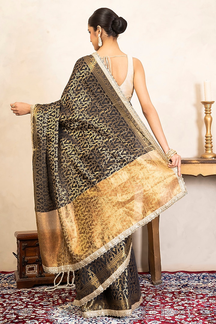Black Pure Silk Banarasi Hand Embroidered Party Wear Saree Set by Zal From Benaras at Pernia's Pop Up Shop