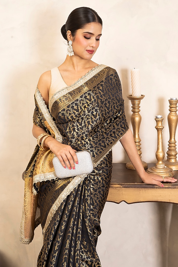 Black Pure Silk Banarasi Hand Embroidered Party Wear Saree Set by Zal From Benaras at Pernia's Pop Up Shop
