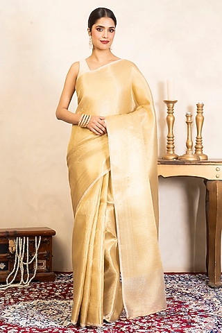 Gold Pure Katan Kanjivaram Banarasi Zari Work Saree Set by Zal From Benaras