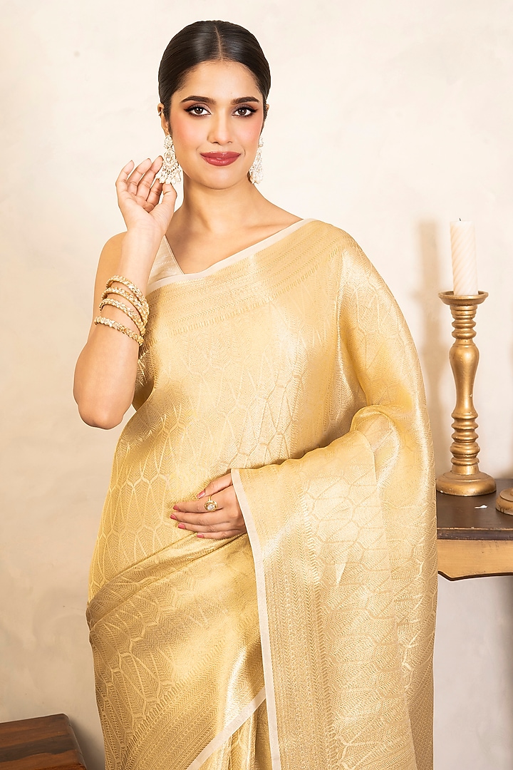 Gold Pure Katan Kanjivaram Banarasi Zari Work Party Wear Saree Set by Zal From Benaras at Pernia's Pop Up Shop