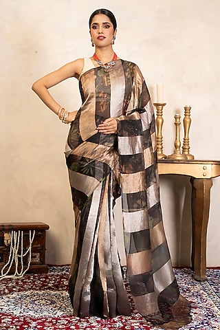 Black Pure Organza Banarasi Digital Printed Saree Set by Zal From Benaras