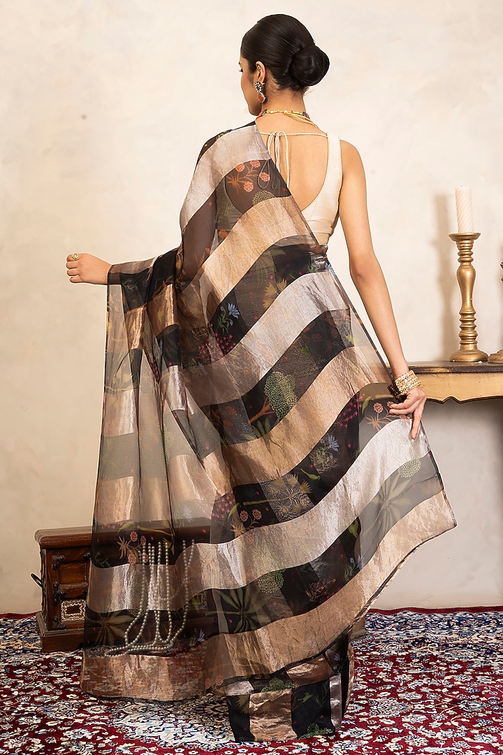 Black Pure Organza Banarasi Digital Printed Party Wear Saree Set by Zal From Benaras at Pernia's Pop Up Shop