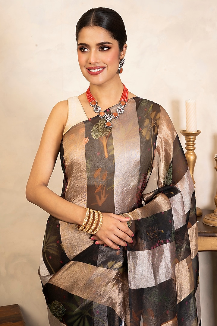 Black Pure Organza Banarasi Digital Printed Party Wear Saree Set by Zal From Benaras at Pernia's Pop Up Shop