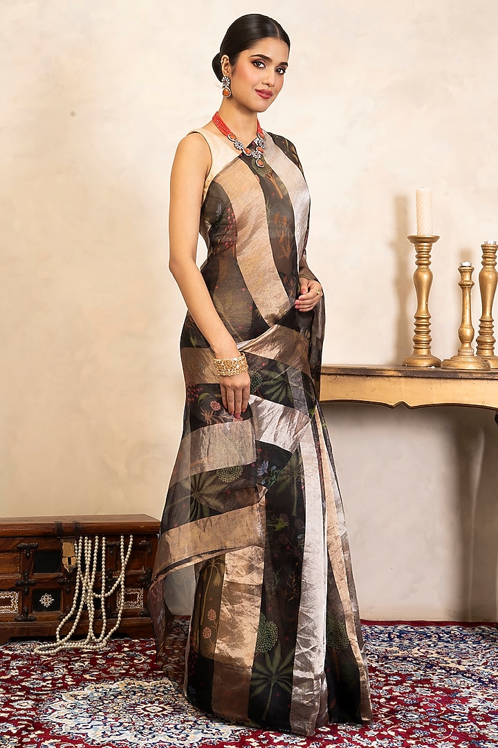 Black Pure Organza Banarasi Digital Printed Party Wear Saree Set by Zal From Benaras at Pernia's Pop Up Shop