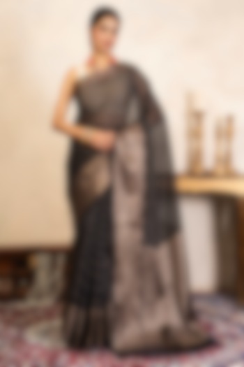 Black Pure Silk Banarasi Hand Embroidered Party Wear Saree Set by Zal From Benaras at Pernia's Pop Up Shop