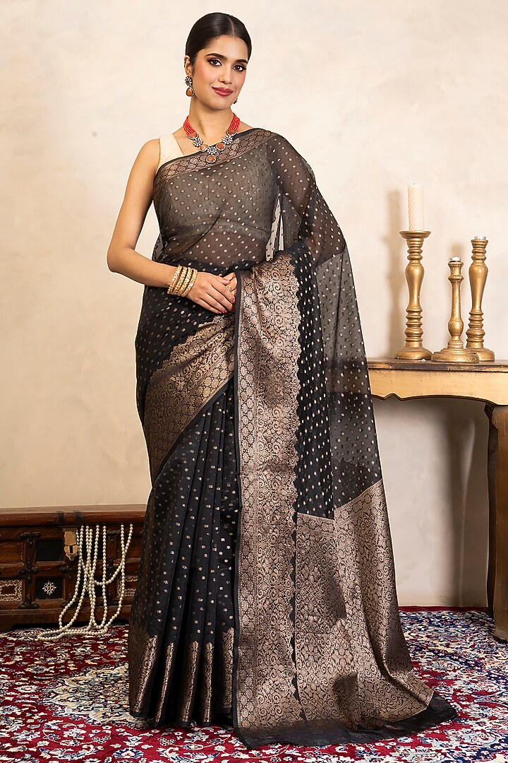 Black Pure Silk Banarasi Hand Embroidered Party Wear Saree Set by Zal From Benaras at Pernia's Pop Up Shop
