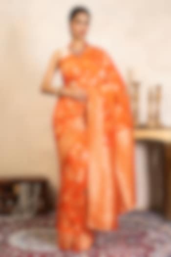 Orange Pure Silk Banarasi Party Wear Saree Set by Zal From Benaras at Pernia's Pop Up Shop