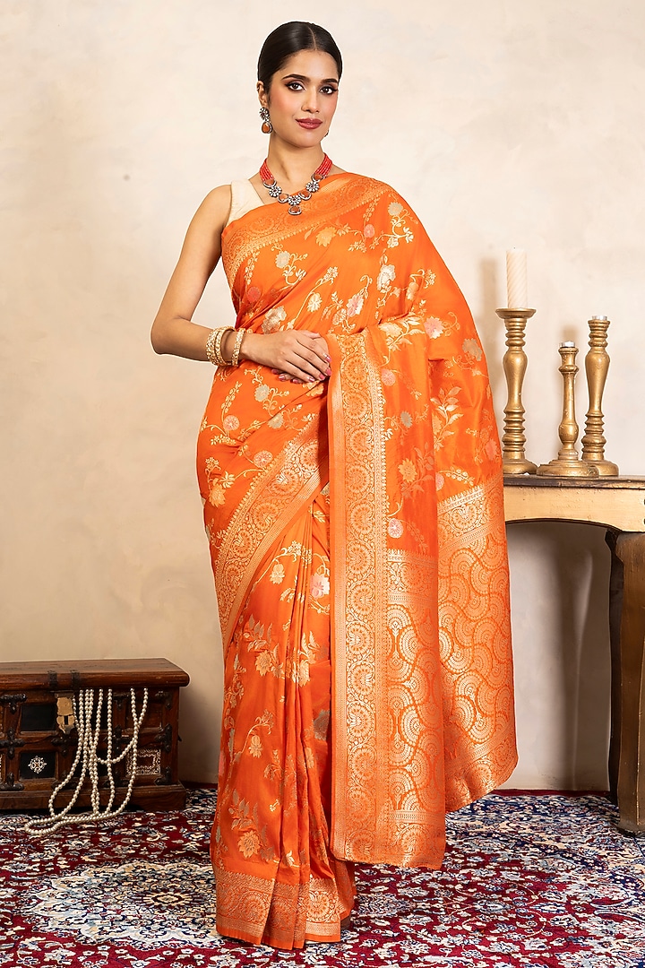 Orange Pure Silk Banarasi Party Wear Saree Set by Zal From Benaras at Pernia's Pop Up Shop