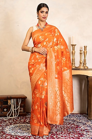 Orange Pure Silk Banarasi Saree Set by Zal From Benaras