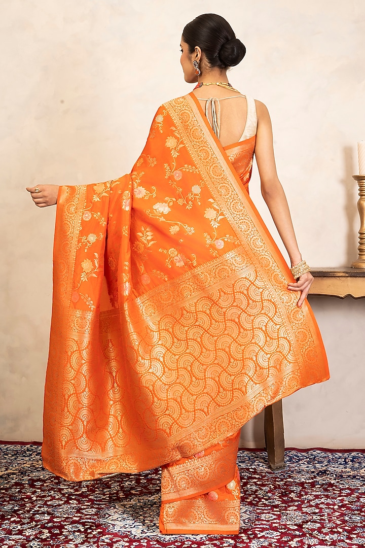 Orange Pure Silk Banarasi Party Wear Saree Set by Zal From Benaras at Pernia's Pop Up Shop