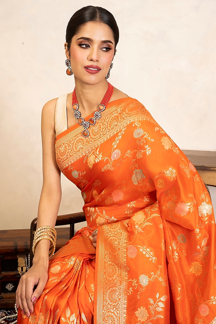 Orange Pure Silk Banarasi Party Wear Saree Set by Zal From Benaras at Pernia's Pop Up Shop