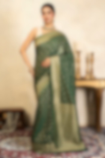 Green Chiffon Banarasi Hand Embroidered Party Wear Saree Set by Zal From Benaras at Pernia's Pop Up Shop