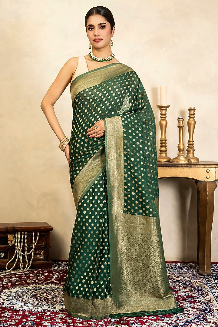 Green Chiffon Banarasi Hand Embroidered Party Wear Saree Set by Zal From Benaras at Pernia's Pop Up Shop
