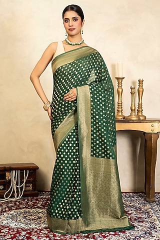 Bottle Green Chiffon Banarasi Hand Embroidered Saree Set by Zal From Benaras