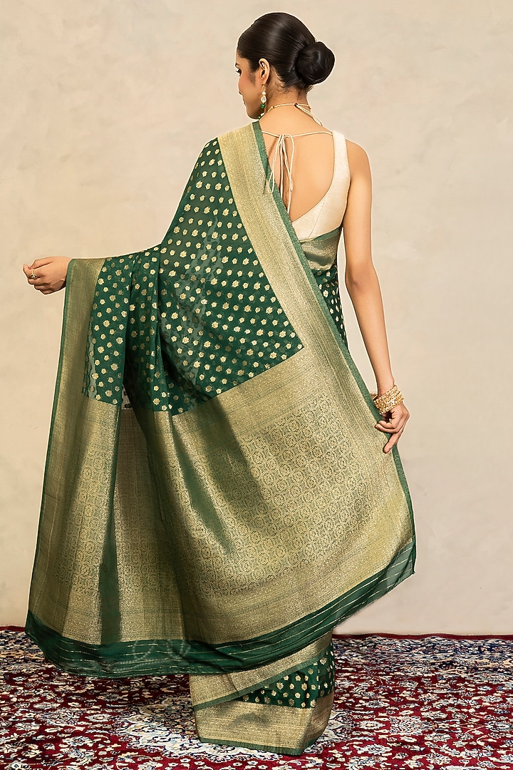 Bottle Green Chiffon Banarasi Hand Embroidered Party Wear Saree Set by Zal From Benaras at Pernia's Pop Up Shop