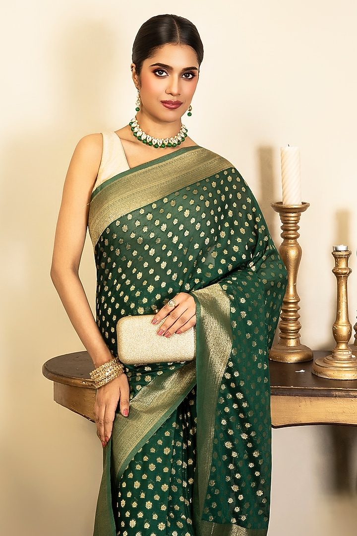Bottle Green Chiffon Banarasi Hand Embroidered Party Wear Saree Set by Zal From Benaras at Pernia's Pop Up Shop