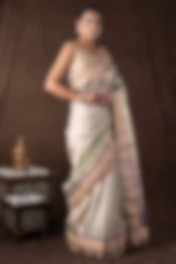 Pastel Green Pure Tissue Silk Hand Embroidered Banarasi Party Wear Saree Set by Zal From Benaras at Pernia's Pop Up Shop