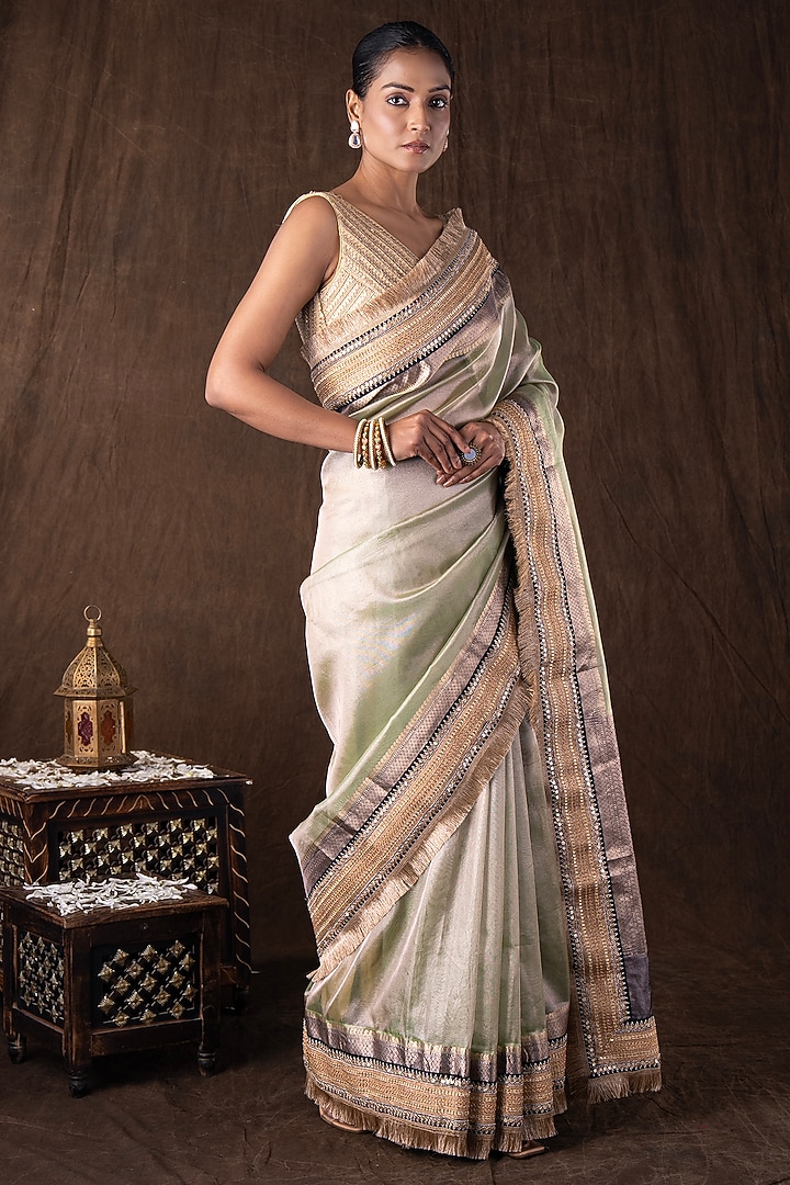 Pastel Green Pure Tissue Silk Hand Embroidered Banarasi Party Wear Saree Set by Zal From Benaras at Pernia's Pop Up Shop