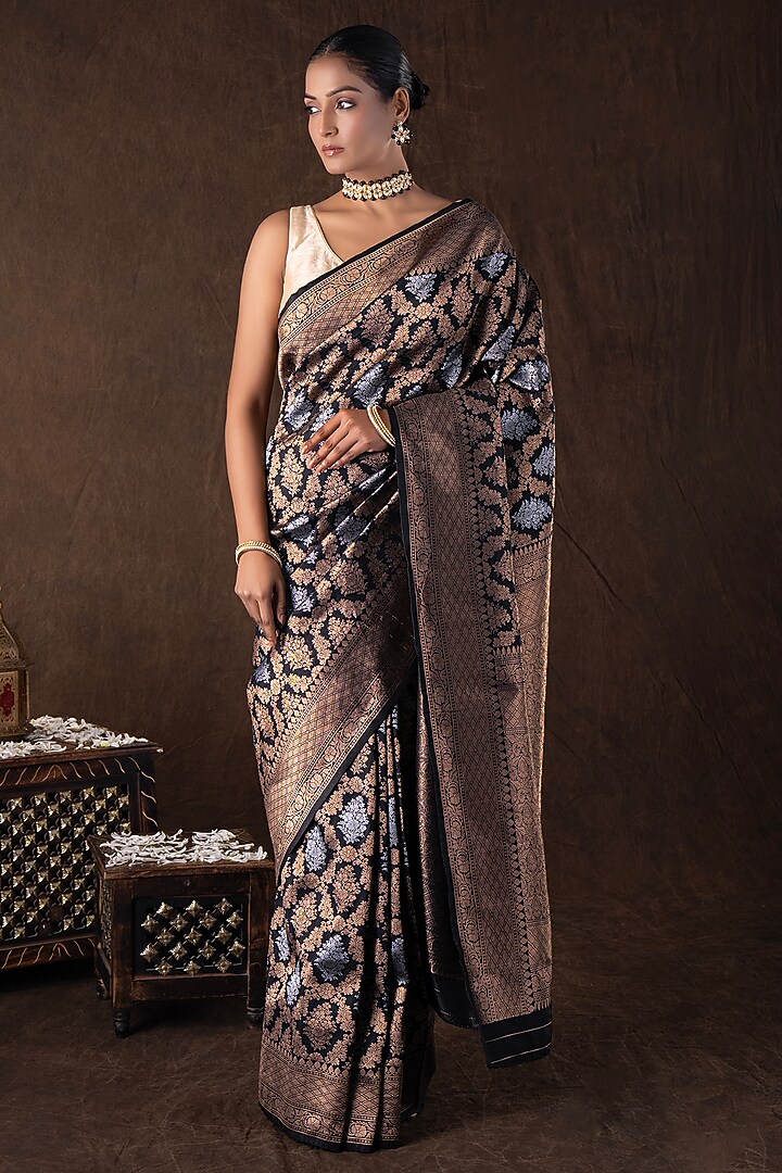 Black Pure Katan Silk Printed Handloom Party Wear Saree Set by Zal From Benaras at Pernia's Pop Up Shop