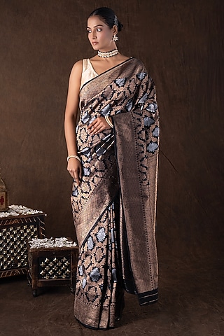 Black Pure Katan Silk Printed Handloom Saree Set by Zal From Benaras