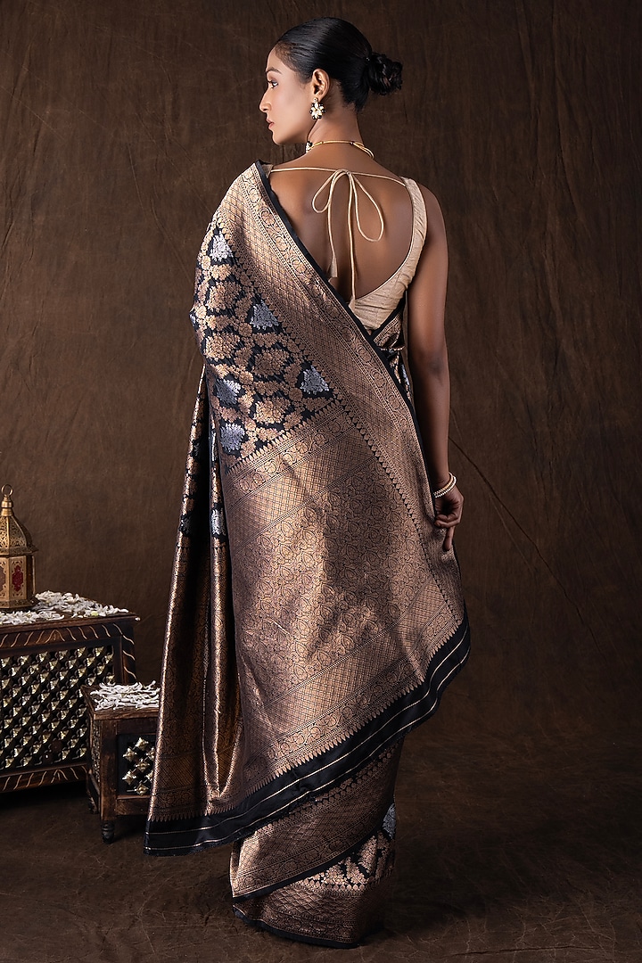 Black Pure Katan Silk Printed Handloom Party Wear Saree Set by Zal From Benaras at Pernia's Pop Up Shop
