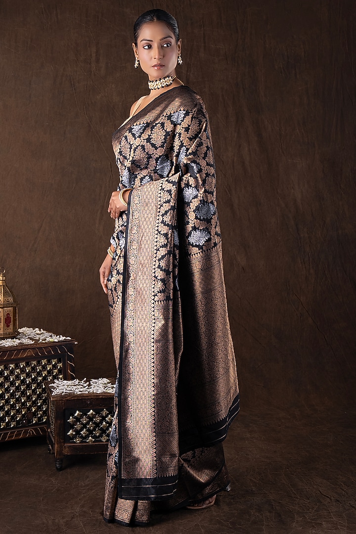 Black Pure Katan Silk Printed Handloom Party Wear Saree Set by Zal From Benaras at Pernia's Pop Up Shop