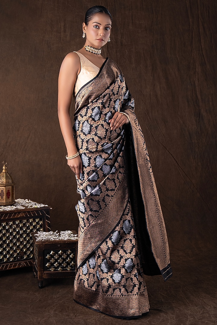 Black Pure Katan Silk Printed Handloom Party Wear Saree Set by Zal From Benaras at Pernia's Pop Up Shop
