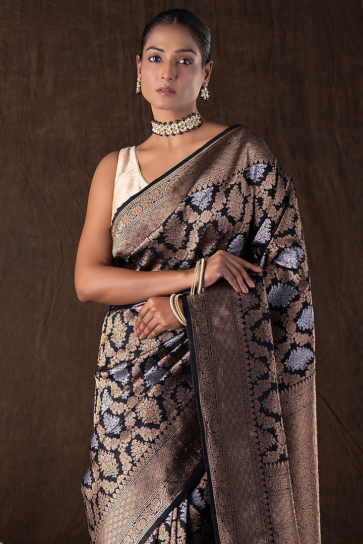 Black Pure Katan Silk Printed Handloom Party Wear Saree Set by Zal From Benaras at Pernia's Pop Up Shop