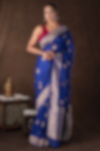 Dark Blue Pure Katan Silk Handloom Banarasi Party Wear Saree Set by Zal From Benaras at Pernia's Pop Up Shop