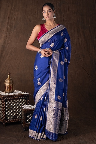 Dark Blue Pure Katan Silk Handloom Banarasi Saree Set by Zal From Benaras