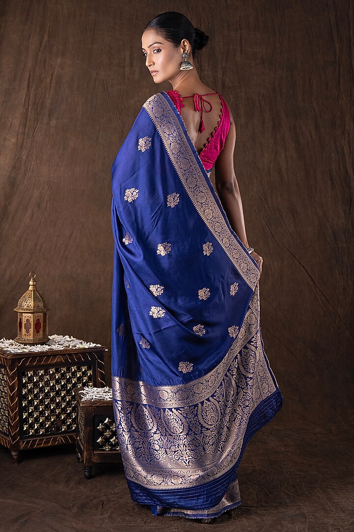 Dark Blue Pure Katan Silk Handloom Banarasi Party Wear Saree Set by Zal From Benaras at Pernia's Pop Up Shop