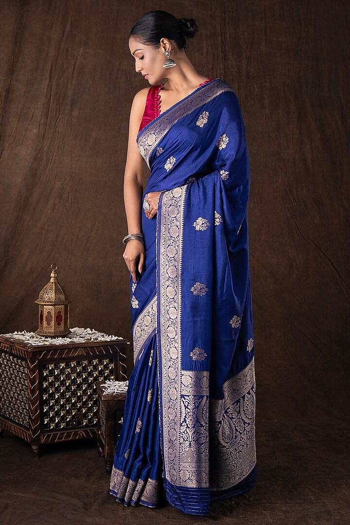 Dark Blue Pure Katan Silk Handloom Banarasi Party Wear Saree Set by Zal From Benaras at Pernia's Pop Up Shop