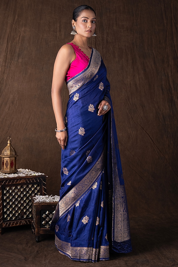 Dark Blue Pure Katan Silk Handloom Banarasi Party Wear Saree Set by Zal From Benaras at Pernia's Pop Up Shop