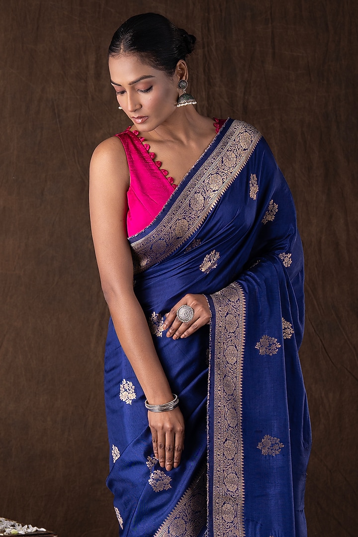 Dark Blue Pure Katan Silk Handloom Banarasi Party Wear Saree Set by Zal From Benaras at Pernia's Pop Up Shop