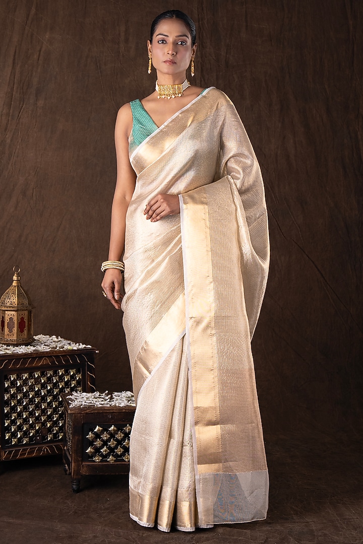 Gold Pure Katan Silk Handloom Banarasi Party Wear Saree Set by Zal From Benaras at Pernia's Pop Up Shop