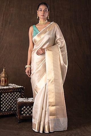 Gold Pure Katan Silk Handloom Banarasi Saree Set by Zal From Benaras