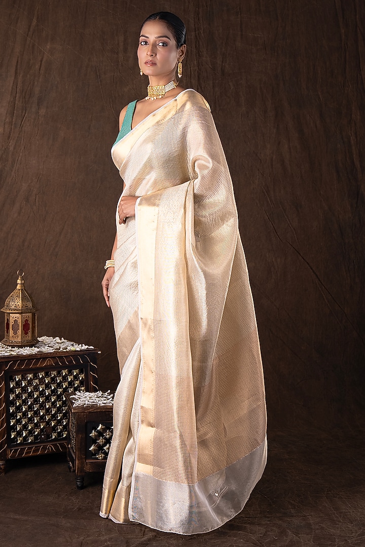 Gold Pure Katan Silk Handloom Banarasi Party Wear Saree Set by Zal From Benaras at Pernia's Pop Up Shop
