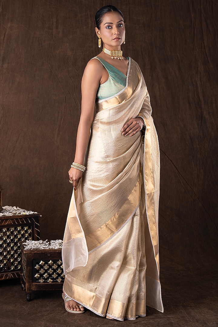 Gold Pure Katan Silk Handloom Banarasi Party Wear Saree Set by Zal From Benaras at Pernia's Pop Up Shop