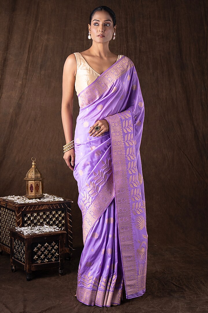 Purple Pure Moonga Silk Banarasi Handloom Party Wear Saree Set by Zal From Benaras at Pernia's Pop Up Shop