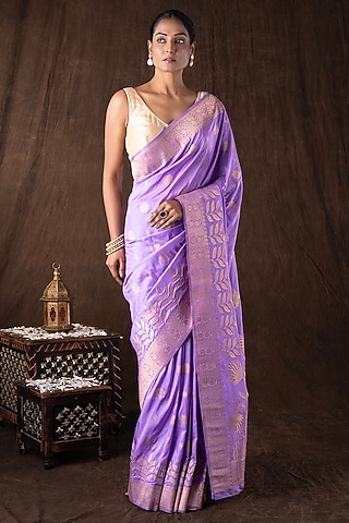 Purple Pure Moonga Silk Banarasi Handloom Saree Set by Zal From Benaras