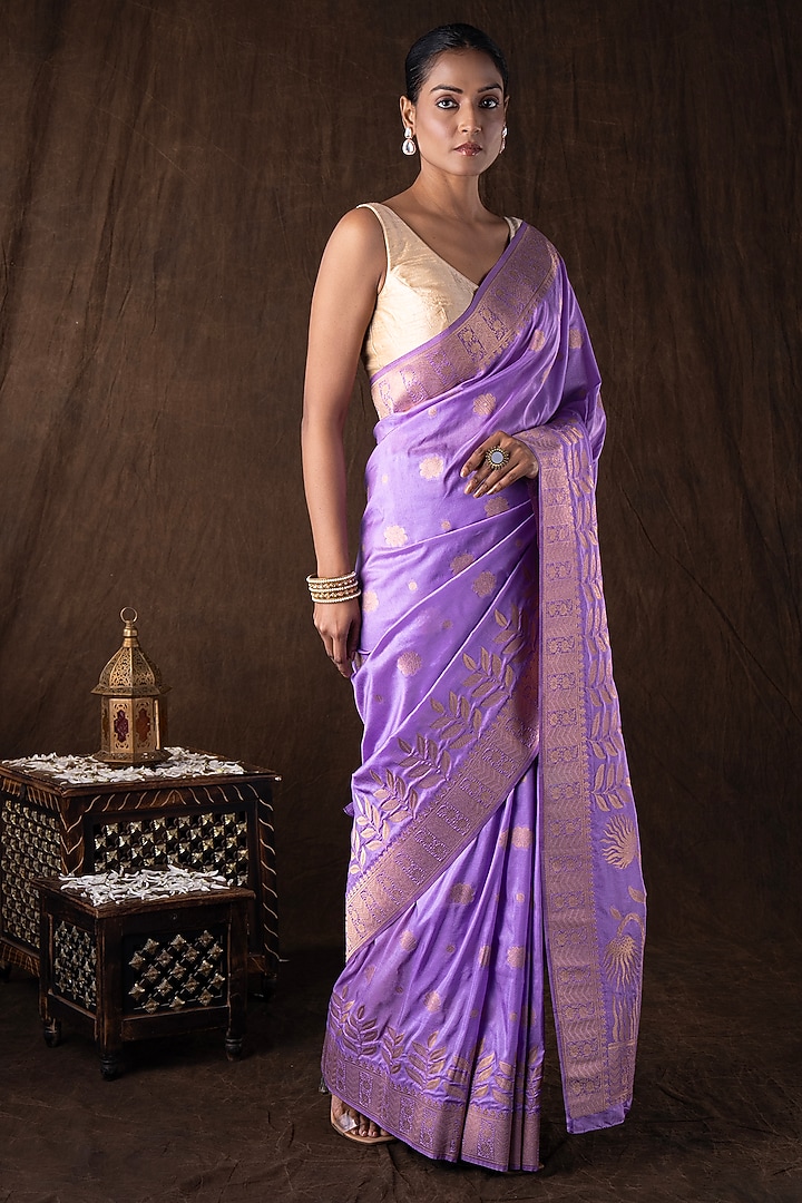 Purple Pure Moonga Silk Banarasi Handloom Party Wear Saree Set by Zal From Benaras at Pernia's Pop Up Shop
